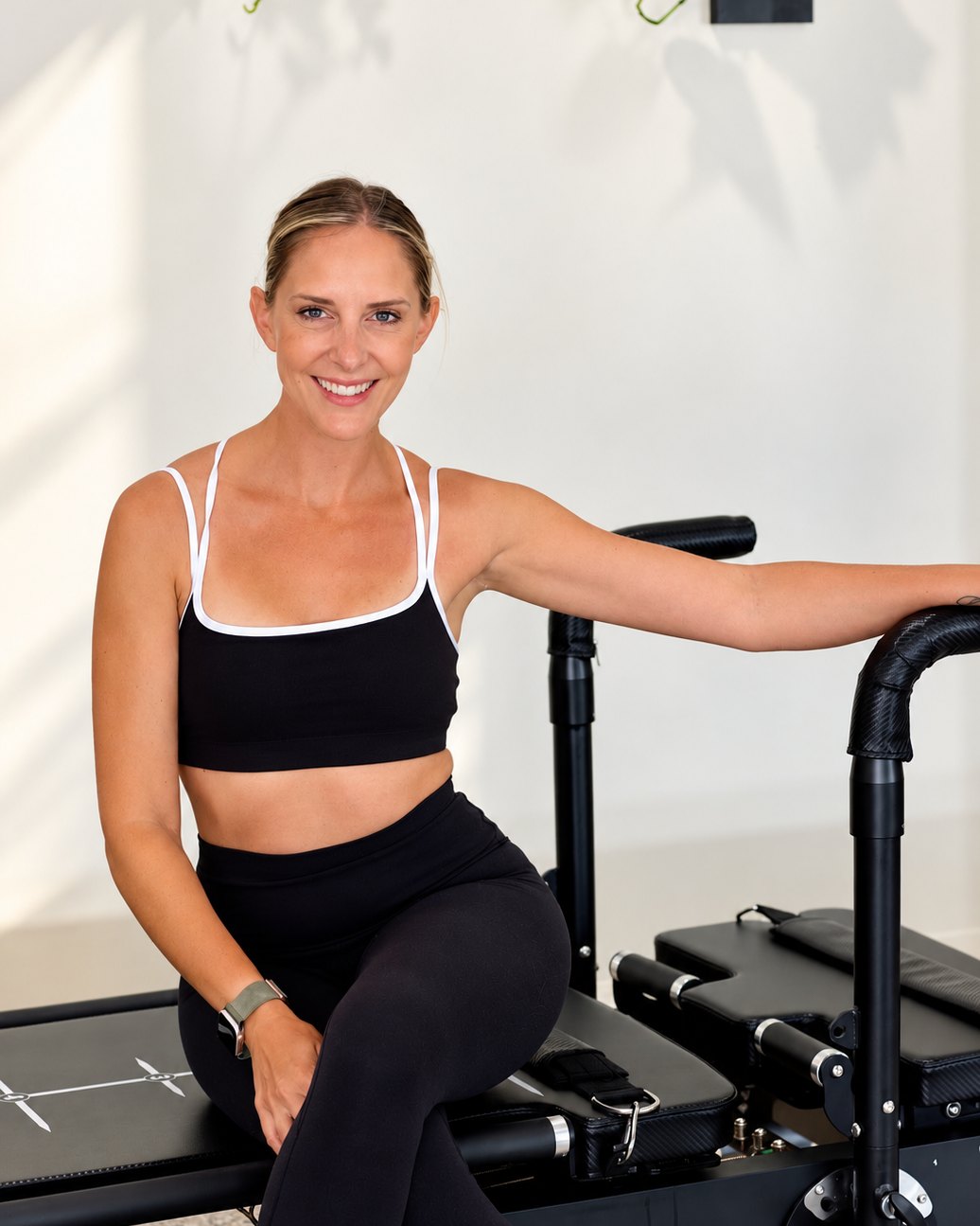 Brit seated on a reformer in a bright studio